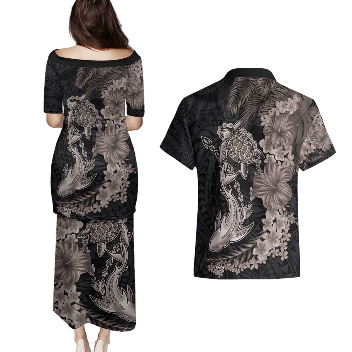Hawaiian Tropical Plants Turtle and Shark Couples Matching Puletasi and Hawaiian Shirt Polynesian Art Tattoo Grayscale Color LT03 - Polynesian Pride
