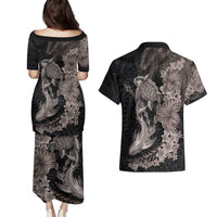 Hawaiian Tropical Plants Turtle and Shark Couples Matching Puletasi and Hawaiian Shirt Polynesian Art Tattoo Grayscale Color LT03 - Polynesian Pride