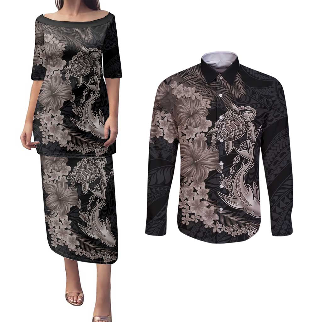 Hawaiian Tropical Plants Turtle and Shark Couples Matching Puletasi and Long Sleeve Button Shirt Polynesian Art Tattoo Grayscale Color LT03 Black - Polynesian Pride