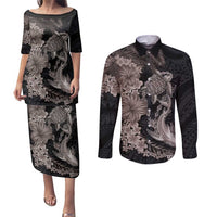 Hawaiian Tropical Plants Turtle and Shark Couples Matching Puletasi and Long Sleeve Button Shirt Polynesian Art Tattoo Grayscale Color LT03 Black - Polynesian Pride