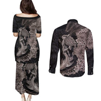 Hawaiian Tropical Plants Turtle and Shark Couples Matching Puletasi and Long Sleeve Button Shirt Polynesian Art Tattoo Grayscale Color LT03 - Polynesian Pride