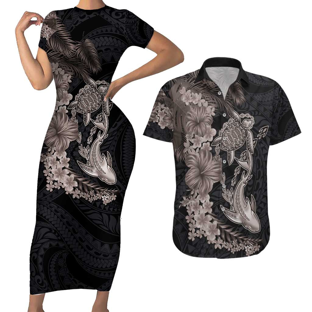 Hawaiian Tropical Plants Turtle and Shark Couples Matching Short Sleeve Bodycon Dress and Hawaiian Shirt Polynesian Art Tattoo Grayscale Color