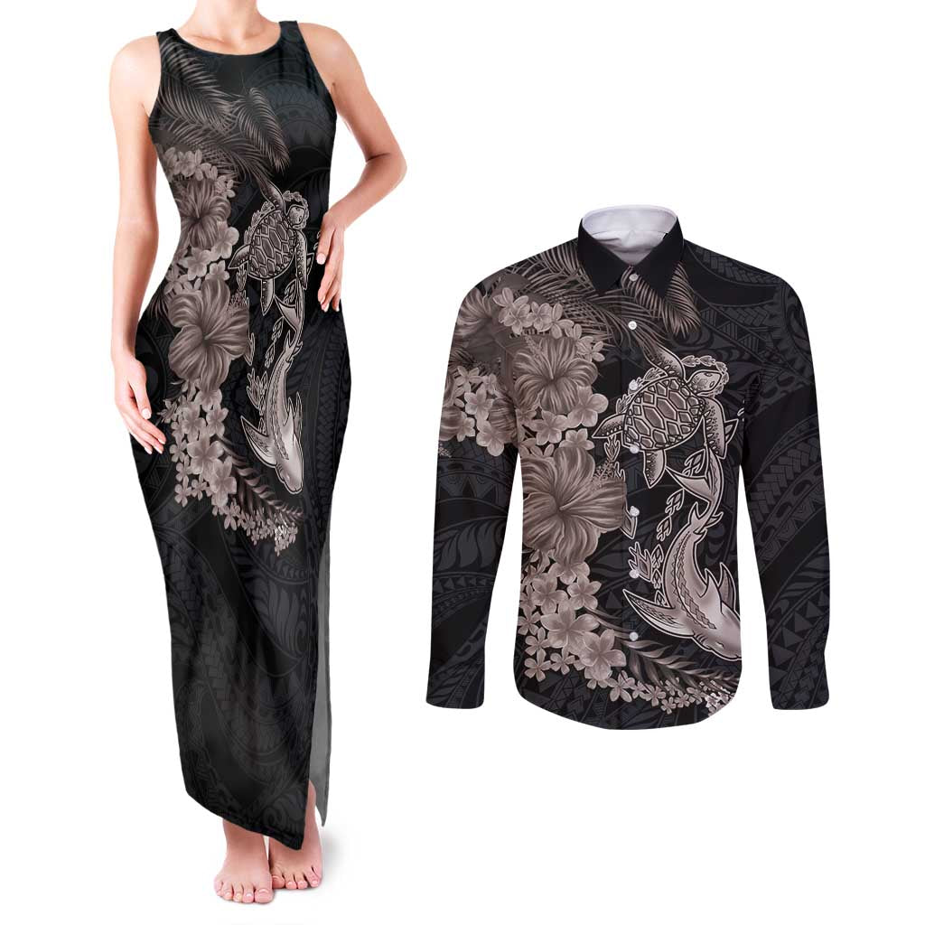 Hawaiian Tropical Plants Turtle and Shark Couples Matching Tank Maxi Dress and Long Sleeve Button Shirt Polynesian Art Tattoo Grayscale Color