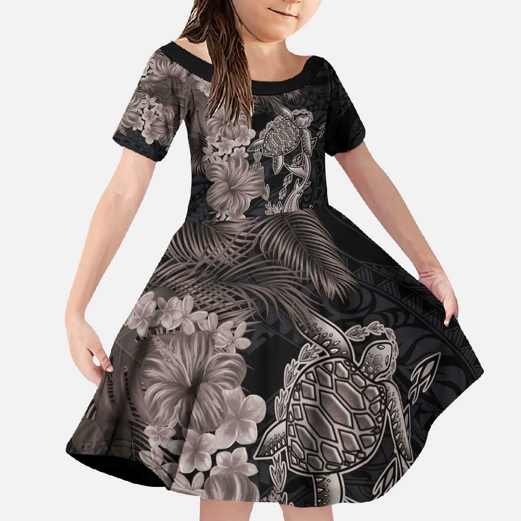 Hawaiian Tropical Plants Turtle and Shark Family Matching Mermaid Dress and Hawaiian Shirt Polynesian Art Tattoo Grayscale Color LT03 Daughter's Dress Black - Polynesian Pride