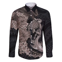 Hawaiian Tropical Plants Turtle and Shark Family Matching Mermaid Dress and Hawaiian Shirt Polynesian Art Tattoo Grayscale Color LT03 Dad's Shirt - Long Sleeve Black - Polynesian Pride