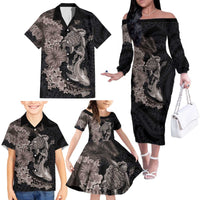Hawaiian Tropical Plants Turtle and Shark Family Matching Off The Shoulder Long Sleeve Dress and Hawaiian Shirt Polynesian Art Tattoo Grayscale Color