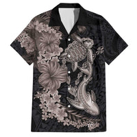 Hawaiian Tropical Plants Turtle and Shark Family Matching Off The Shoulder Long Sleeve Dress and Hawaiian Shirt Polynesian Art Tattoo Grayscale Color