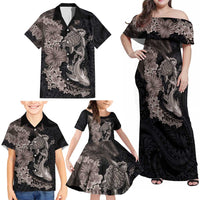 Hawaiian Tropical Plants Turtle and Shark Family Matching Off Shoulder Maxi Dress and Hawaiian Shirt Polynesian Art Tattoo Grayscale Color LT03 - Polynesian Pride