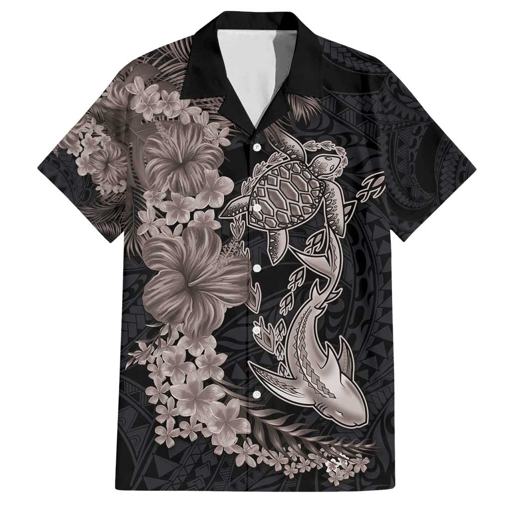 Hawaiian Tropical Plants Turtle and Shark Family Matching Off Shoulder Maxi Dress and Hawaiian Shirt Polynesian Art Tattoo Grayscale Color LT03 Dad's Shirt - Short Sleeve Black - Polynesian Pride