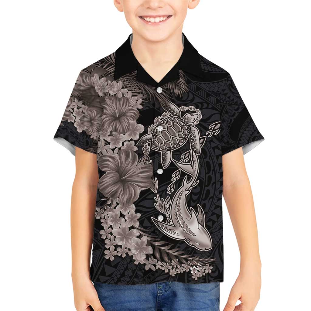 Hawaiian Tropical Plants Turtle and Shark Family Matching Off Shoulder Maxi Dress and Hawaiian Shirt Polynesian Art Tattoo Grayscale Color LT03 Son's Shirt Black - Polynesian Pride
