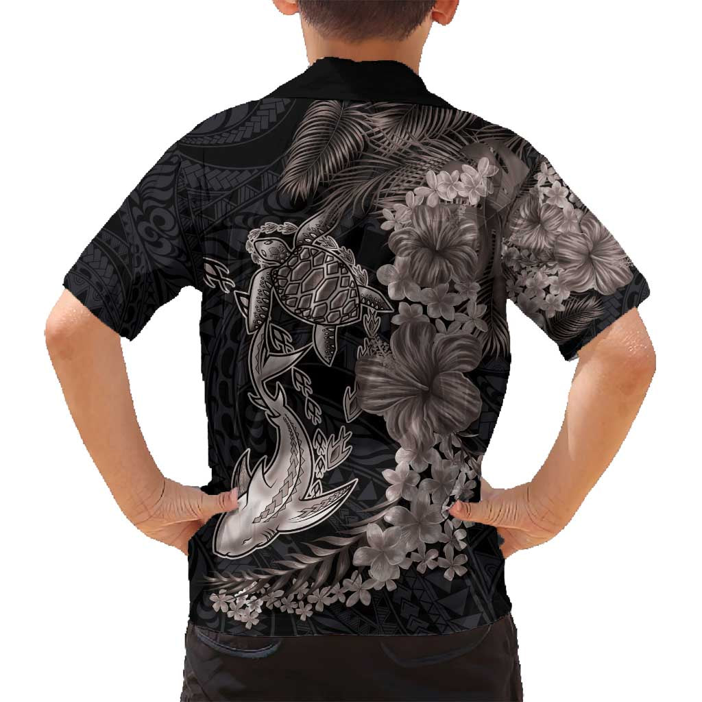 Hawaiian Tropical Plants Turtle and Shark Family Matching Off Shoulder Short Dress and Hawaiian Shirt Polynesian Art Tattoo Grayscale Color