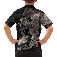 Hawaiian Tropical Plants Turtle and Shark Family Matching Off Shoulder Short Dress and Hawaiian Shirt Polynesian Art Tattoo Grayscale Color