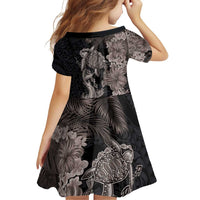 Hawaiian Tropical Plants Turtle and Shark Family Matching Off Shoulder Short Dress and Hawaiian Shirt Polynesian Art Tattoo Grayscale Color