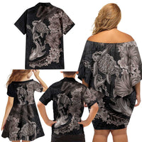 Hawaiian Tropical Plants Turtle and Shark Family Matching Off Shoulder Short Dress and Hawaiian Shirt Polynesian Art Tattoo Grayscale Color