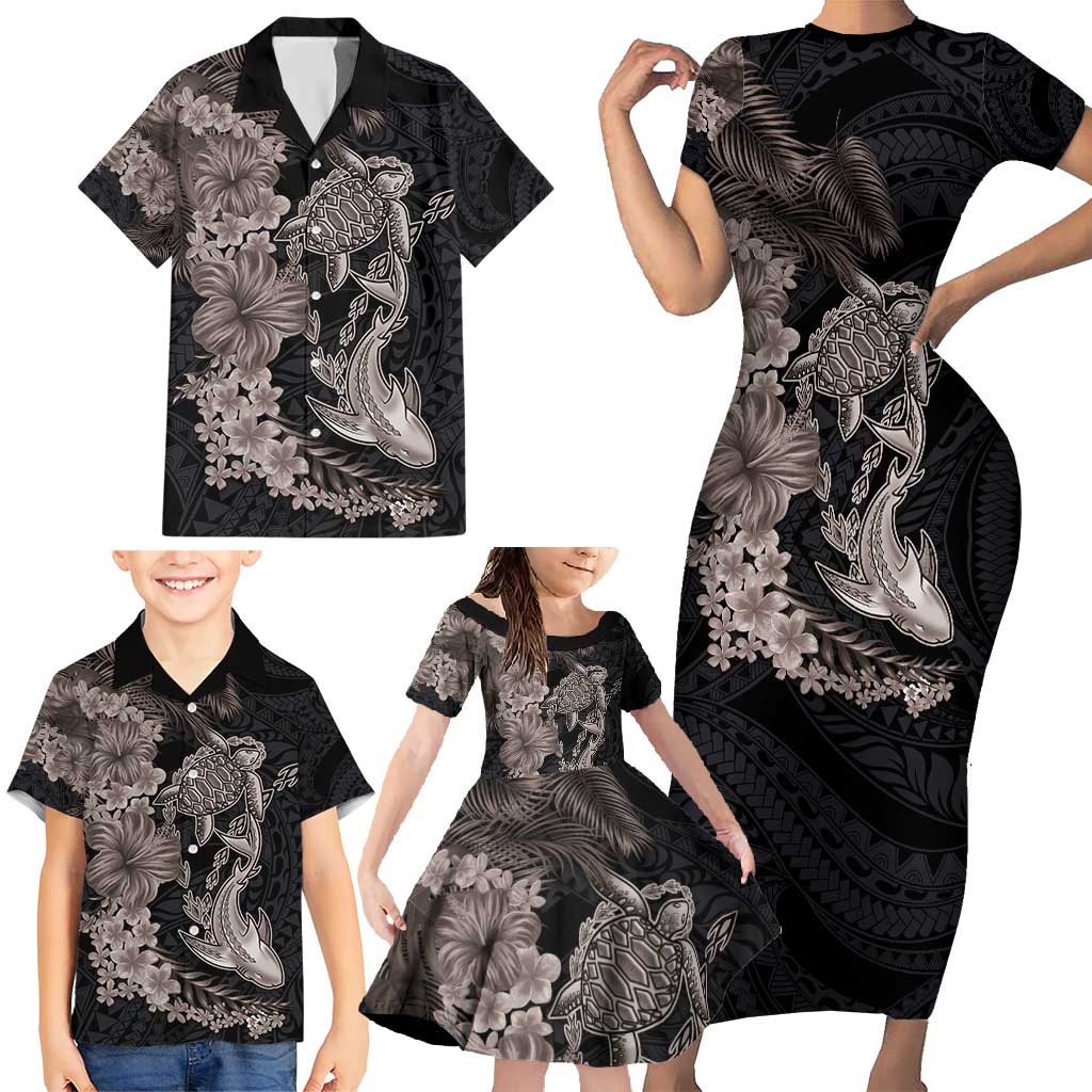 Hawaiian Tropical Plants Turtle and Shark Family Matching Short Sleeve Bodycon Dress and Hawaiian Shirt Polynesian Art Tattoo Grayscale Color