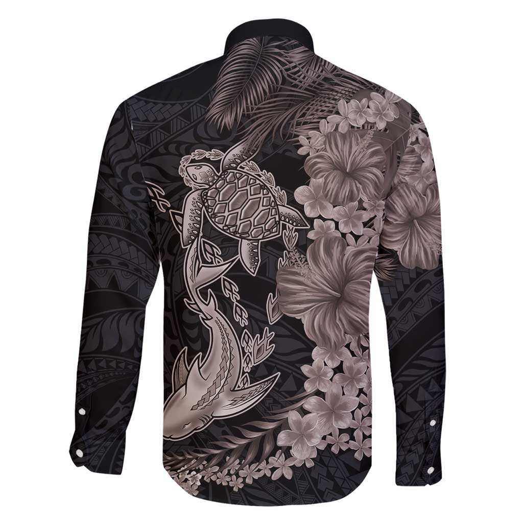 Hawaiian Tropical Plants Turtle and Shark Family Matching Short Sleeve Bodycon Dress and Hawaiian Shirt Polynesian Art Tattoo Grayscale Color