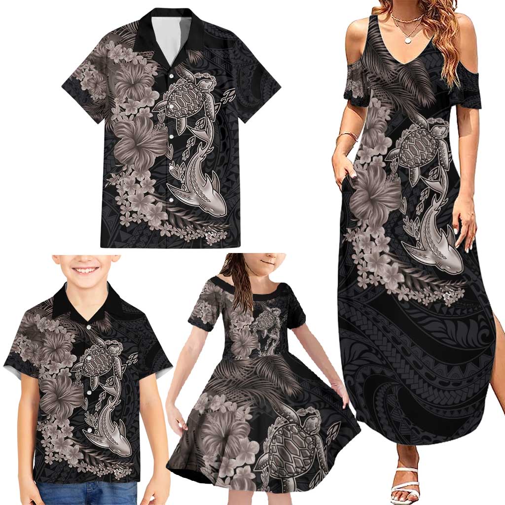 Hawaiian Tropical Plants Turtle and Shark Family Matching Summer Maxi Dress and Hawaiian Shirt Polynesian Art Tattoo Grayscale Color
