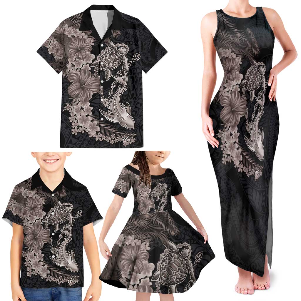 Hawaiian Tropical Plants Turtle and Shark Family Matching Tank Maxi Dress and Hawaiian Shirt Polynesian Art Tattoo Grayscale Color LT03 - Polynesian Pride