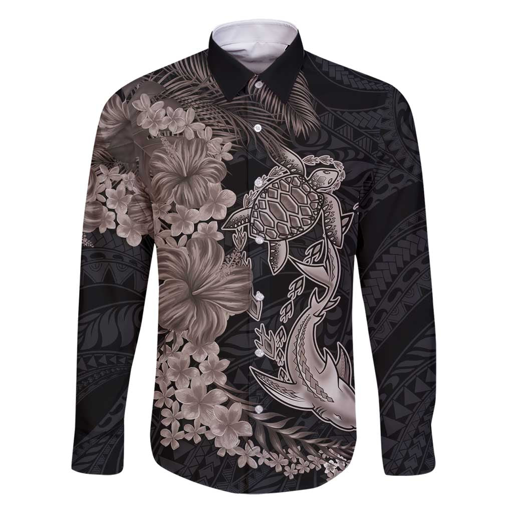 Hawaiian Tropical Plants Turtle and Shark Family Matching Tank Maxi Dress and Hawaiian Shirt Polynesian Art Tattoo Grayscale Color LT03 Dad's Shirt - Long Sleeve Black - Polynesian Pride