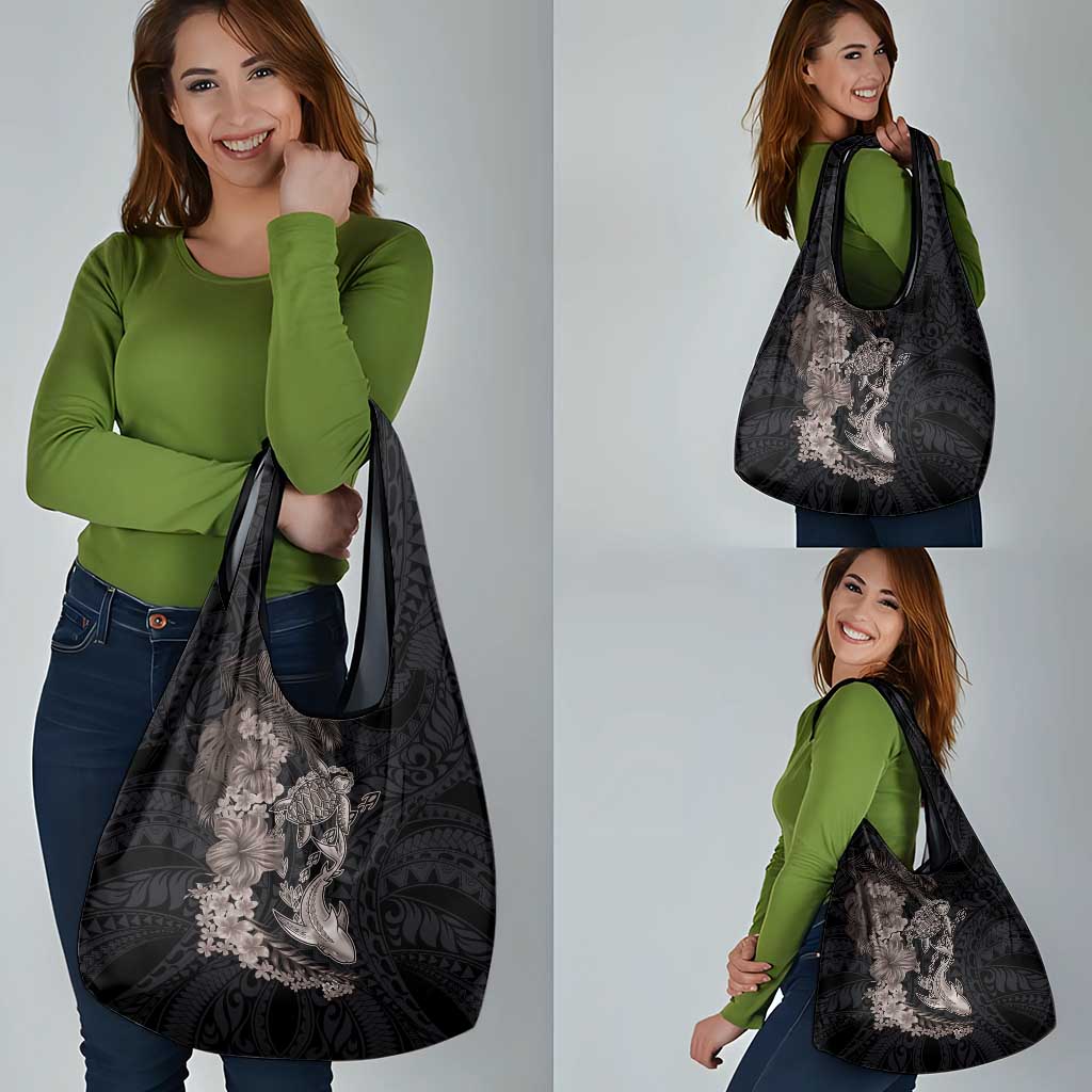 Hawaiian Tropical Plants Turtle and Shark Grocery Bag Polynesian Art Tattoo Grayscale Color
