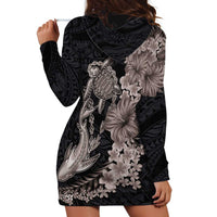Hawaiian Tropical Plants Turtle and Shark Hoodie Dress Polynesian Art Tattoo Grayscale Color LT03 - Polynesian Pride