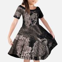 Hawaiian Tropical Plants Turtle and Shark Kid Short Sleeve Dress Polynesian Art Tattoo Grayscale Color LT03 KID Black - Polynesian Pride