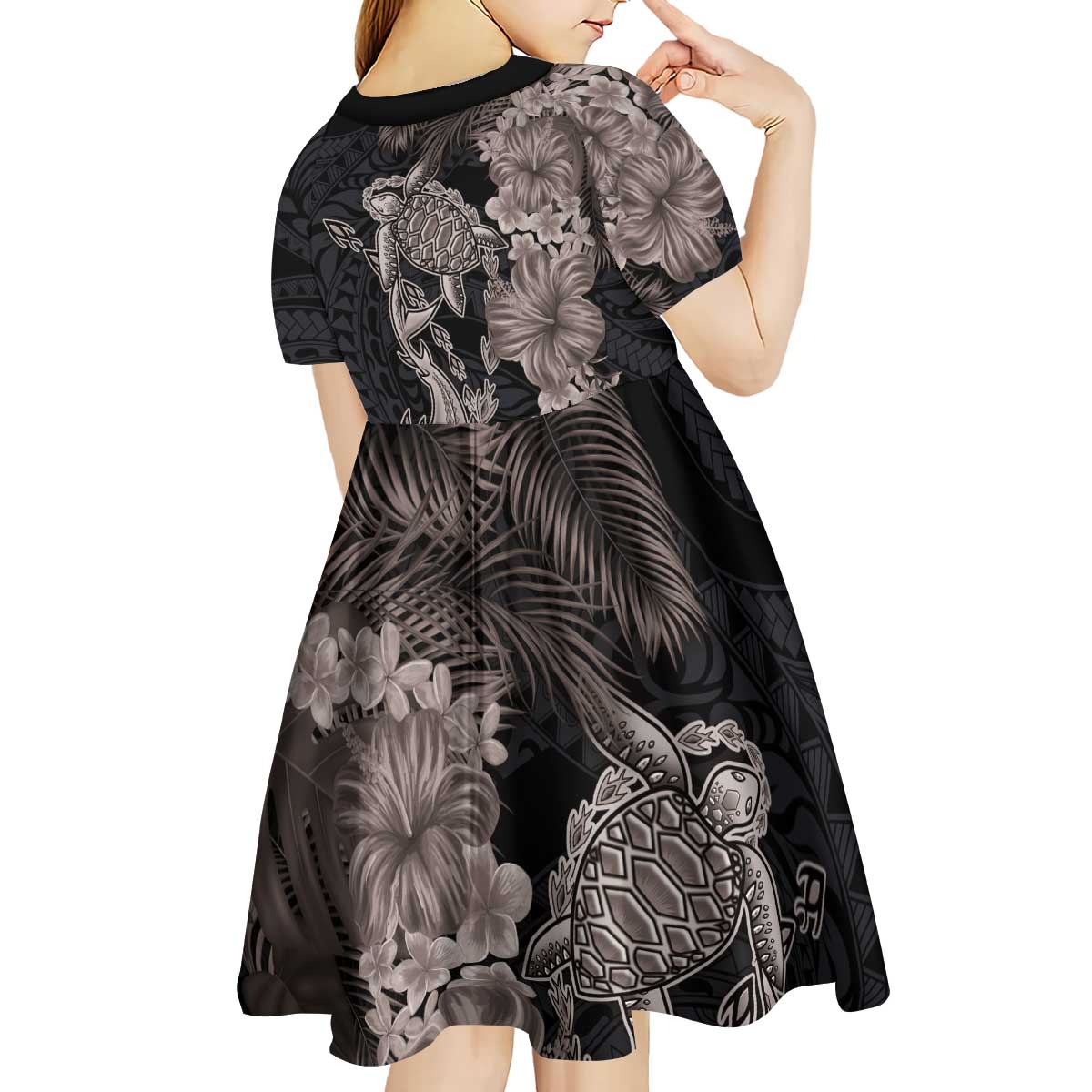 Hawaiian Tropical Plants Turtle and Shark Kid Short Sleeve Dress Polynesian Art Tattoo Grayscale Color LT03 - Polynesian Pride