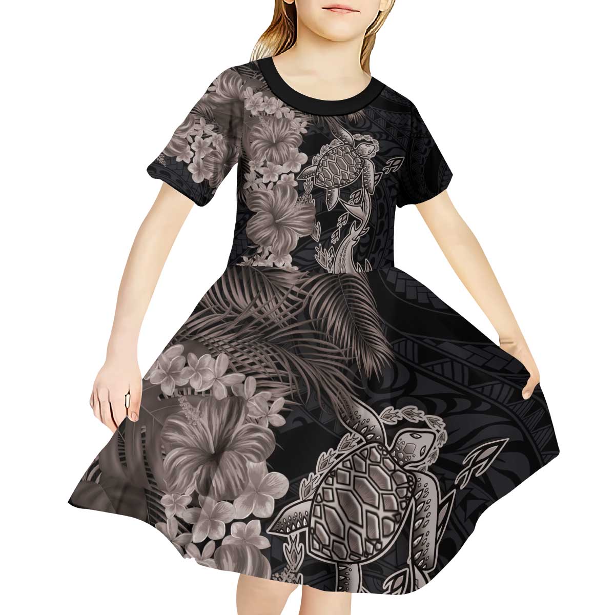 Hawaiian Tropical Plants Turtle and Shark Kid Short Sleeve Dress Polynesian Art Tattoo Grayscale Color LT03 - Polynesian Pride