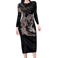 Hawaiian Tropical Plants Turtle and Shark Long Sleeve Bodycon Dress Polynesian Art Tattoo Grayscale Color LT03 Long Dress Black - Polynesian Pride