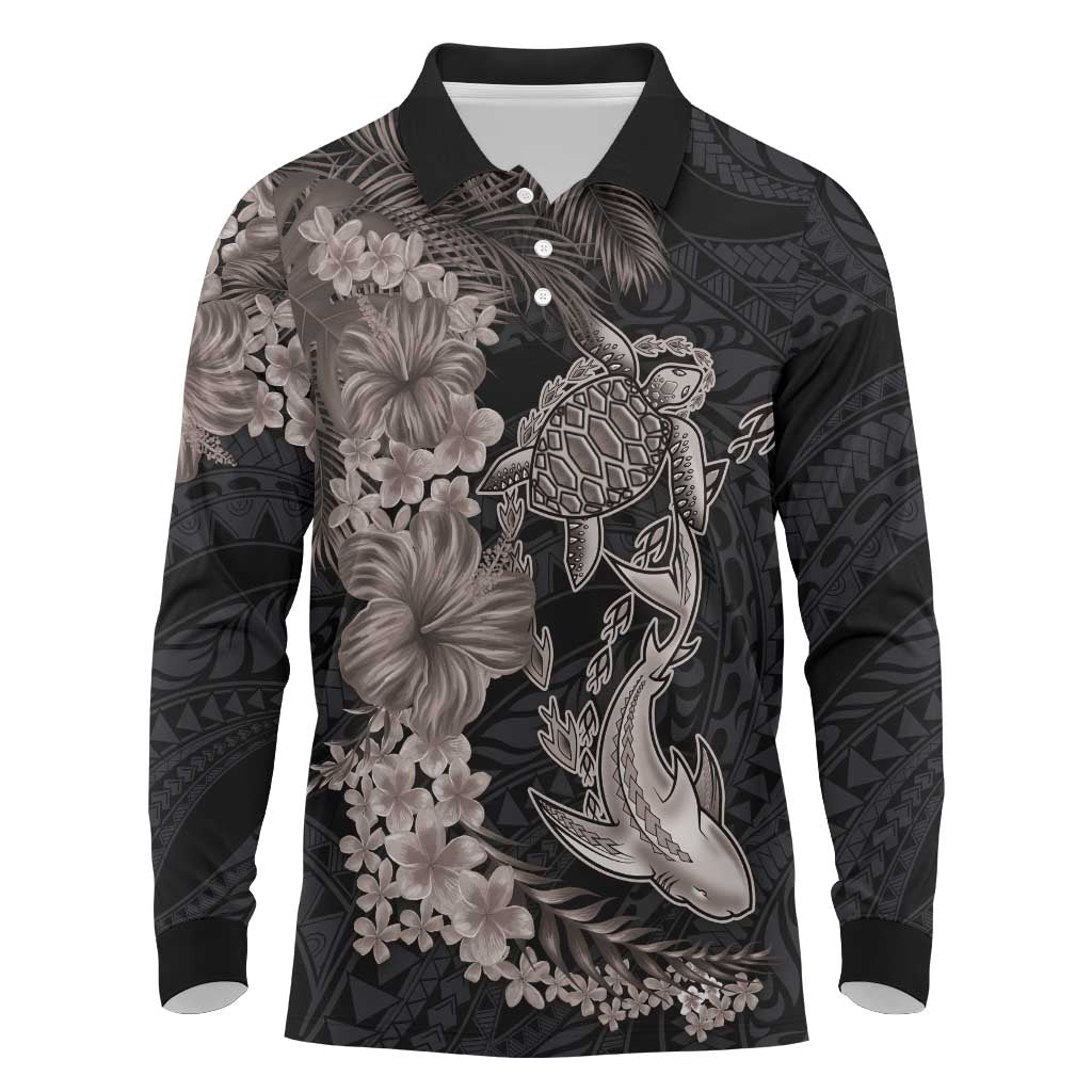 Hawaiian Tropical Plants Turtle and Shark Long Sleeve Polo Shirt Polynesian Art Tattoo Grayscale Color LT03 Black - Polynesian Pride