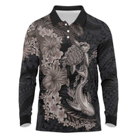 Hawaiian Tropical Plants Turtle and Shark Long Sleeve Polo Shirt Polynesian Art Tattoo Grayscale Color LT03 Black - Polynesian Pride
