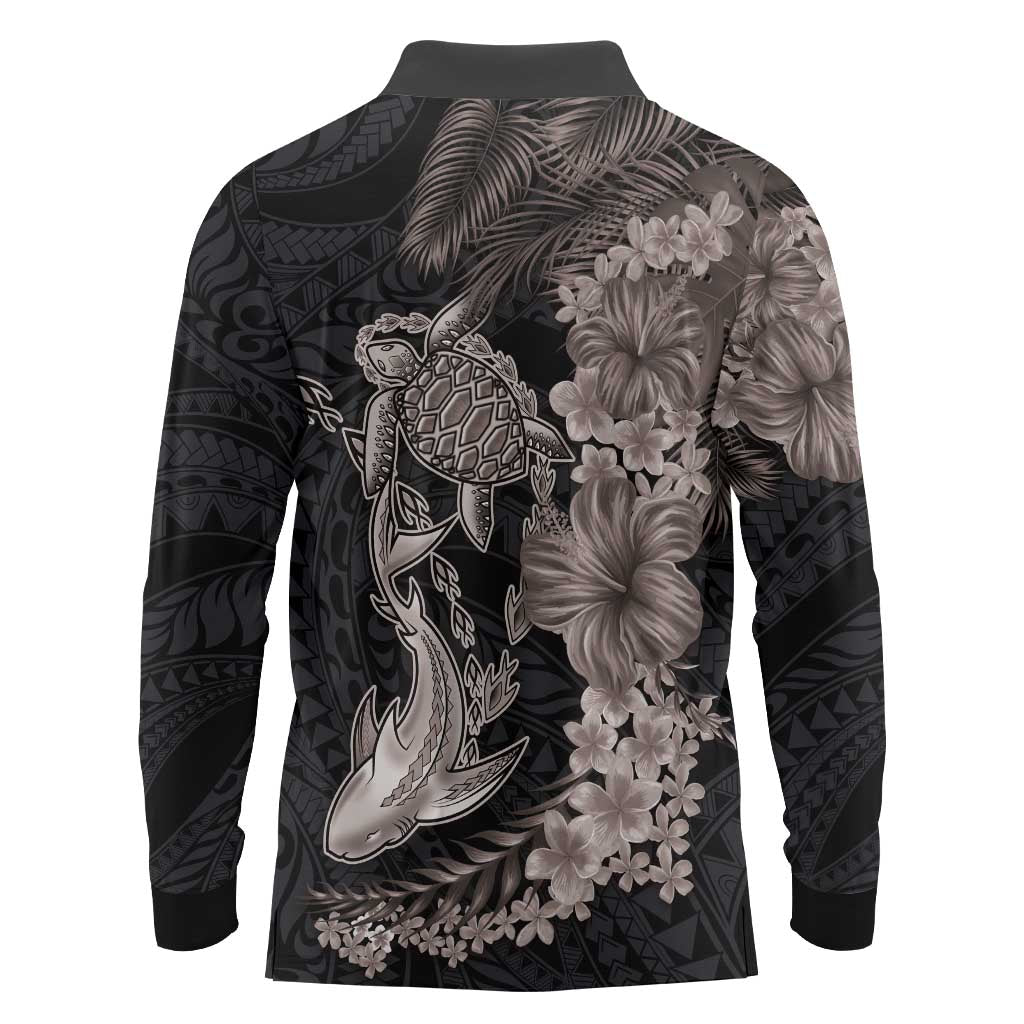 Hawaiian Tropical Plants Turtle and Shark Long Sleeve Polo Shirt Polynesian Art Tattoo Grayscale Color LT03 - Polynesian Pride
