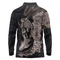 Hawaiian Tropical Plants Turtle and Shark Long Sleeve Polo Shirt Polynesian Art Tattoo Grayscale Color LT03 - Polynesian Pride