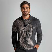 Hawaiian Tropical Plants Turtle and Shark Long Sleeve Polo Shirt Polynesian Art Tattoo Grayscale Color LT03 - Polynesian Pride