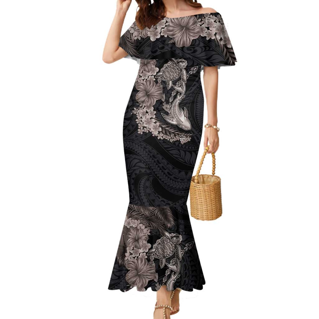 Hawaiian Tropical Plants Turtle and Shark Mermaid Dress Polynesian Art Tattoo Grayscale Color LT03 Women Black - Polynesian Pride