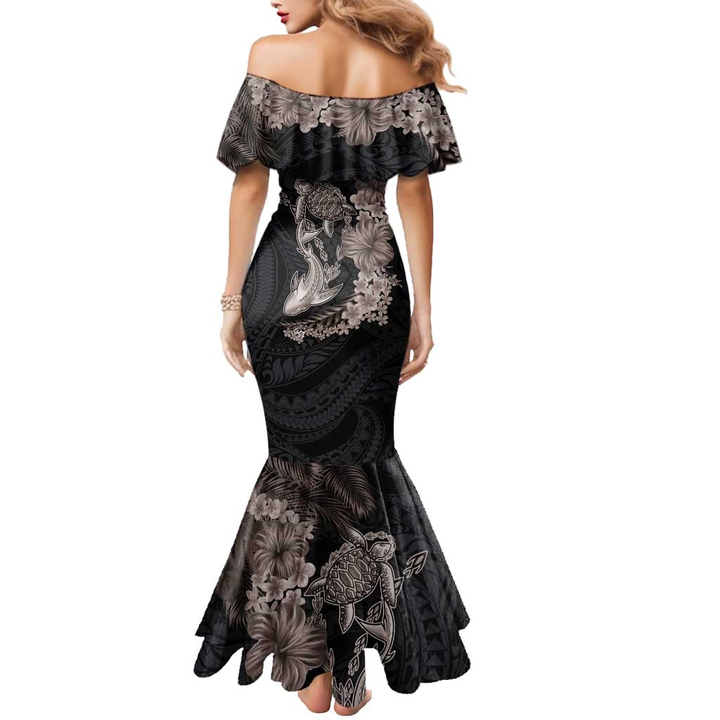 Hawaiian Tropical Plants Turtle and Shark Mermaid Dress Polynesian Art Tattoo Grayscale Color LT03 - Polynesian Pride