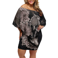 Hawaiian Tropical Plants Turtle and Shark Off Shoulder Short Dress Polynesian Art Tattoo Grayscale Color