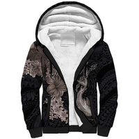 Hawaiian Tropical Plants Turtle and Shark Sherpa Hoodie Polynesian Art Tattoo Grayscale Color LT03 Unisex Black - Polynesian Pride