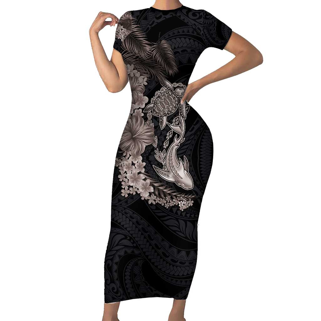 Hawaiian Tropical Plants Turtle and Shark Short Sleeve Bodycon Dress Polynesian Art Tattoo Grayscale Color LT03 Long Dress Black - Polynesian Pride