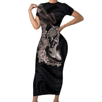 Hawaiian Tropical Plants Turtle and Shark Short Sleeve Bodycon Dress Polynesian Art Tattoo Grayscale Color LT03 Long Dress Black - Polynesian Pride