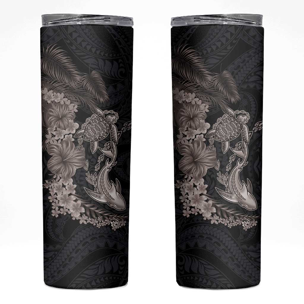 Hawaiian Tropical Plants Turtle and Shark Skinny Tumbler Polynesian Art Tattoo Grayscale Color LT03 Black - Polynesian Pride
