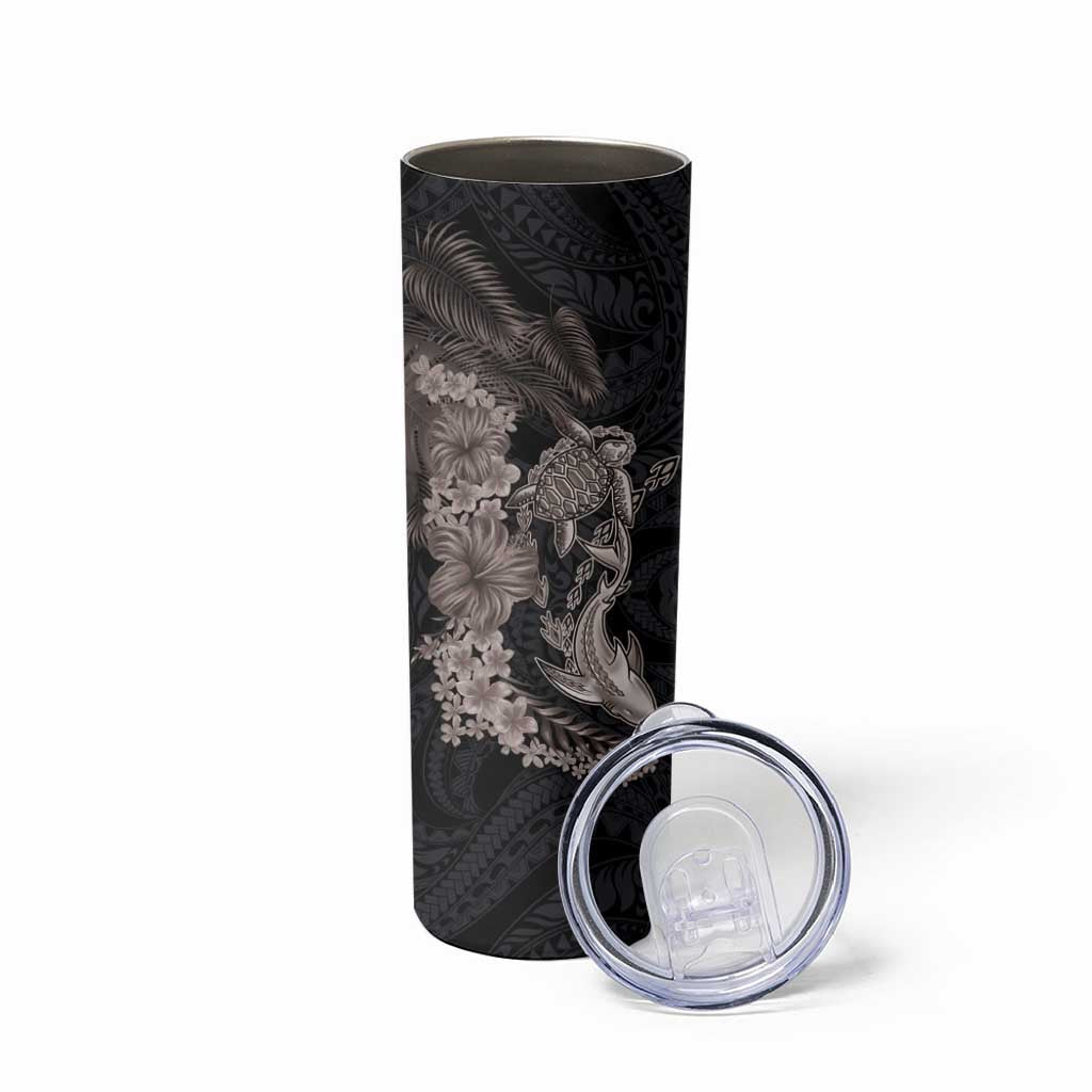 Hawaiian Tropical Plants Turtle and Shark Skinny Tumbler Polynesian Art Tattoo Grayscale Color LT03 - Polynesian Pride