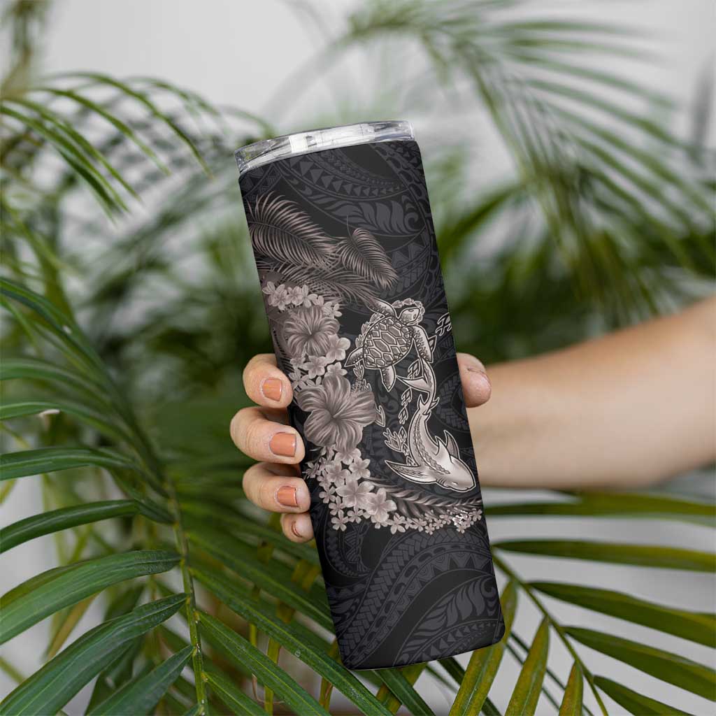 Hawaiian Tropical Plants Turtle and Shark Skinny Tumbler Polynesian Art Tattoo Grayscale Color LT03 - Polynesian Pride