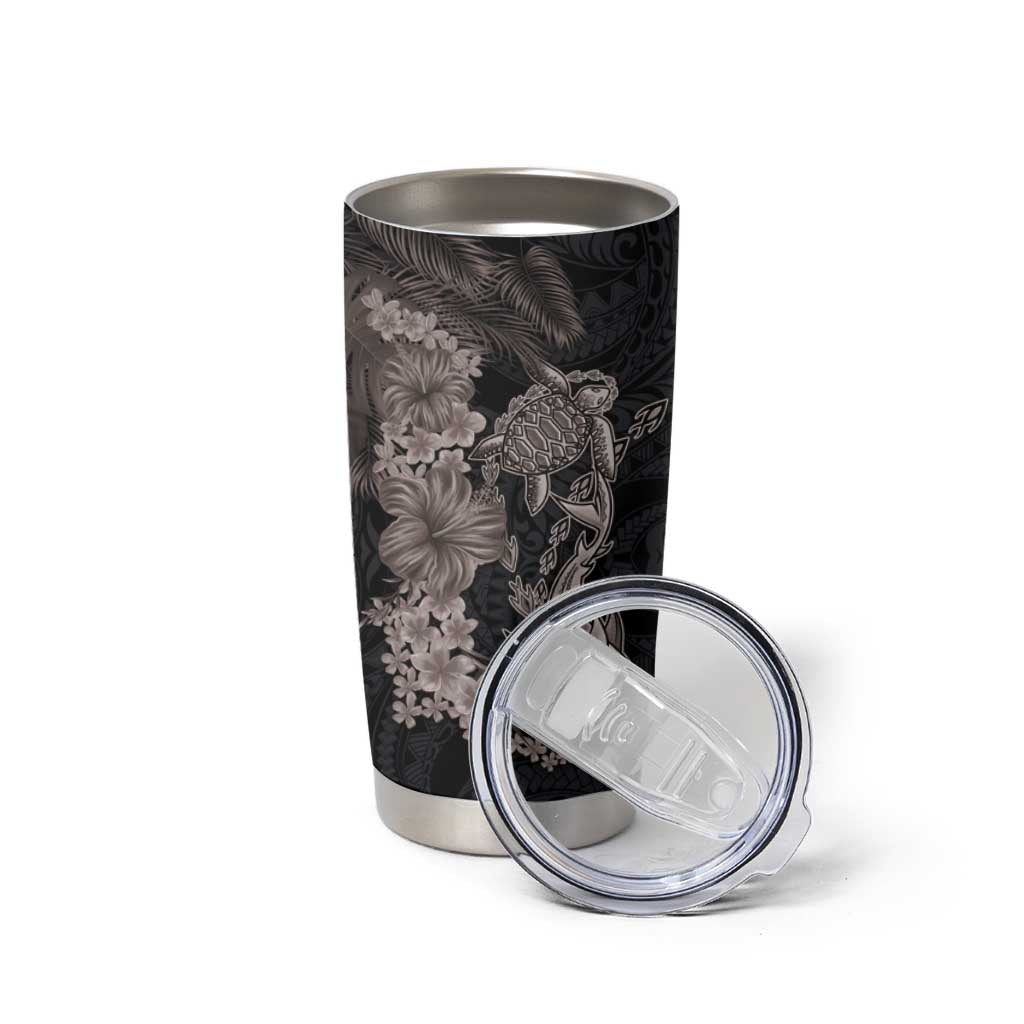 Hawaiian Tropical Plants Turtle and Shark Tumbler Cup Polynesian Art Tattoo Grayscale Color