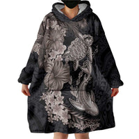 Hawaiian Tropical Plants Turtle and Shark Wearable Blanket Hoodie Polynesian Art Tattoo Grayscale Color LT03 - Polynesian Pride