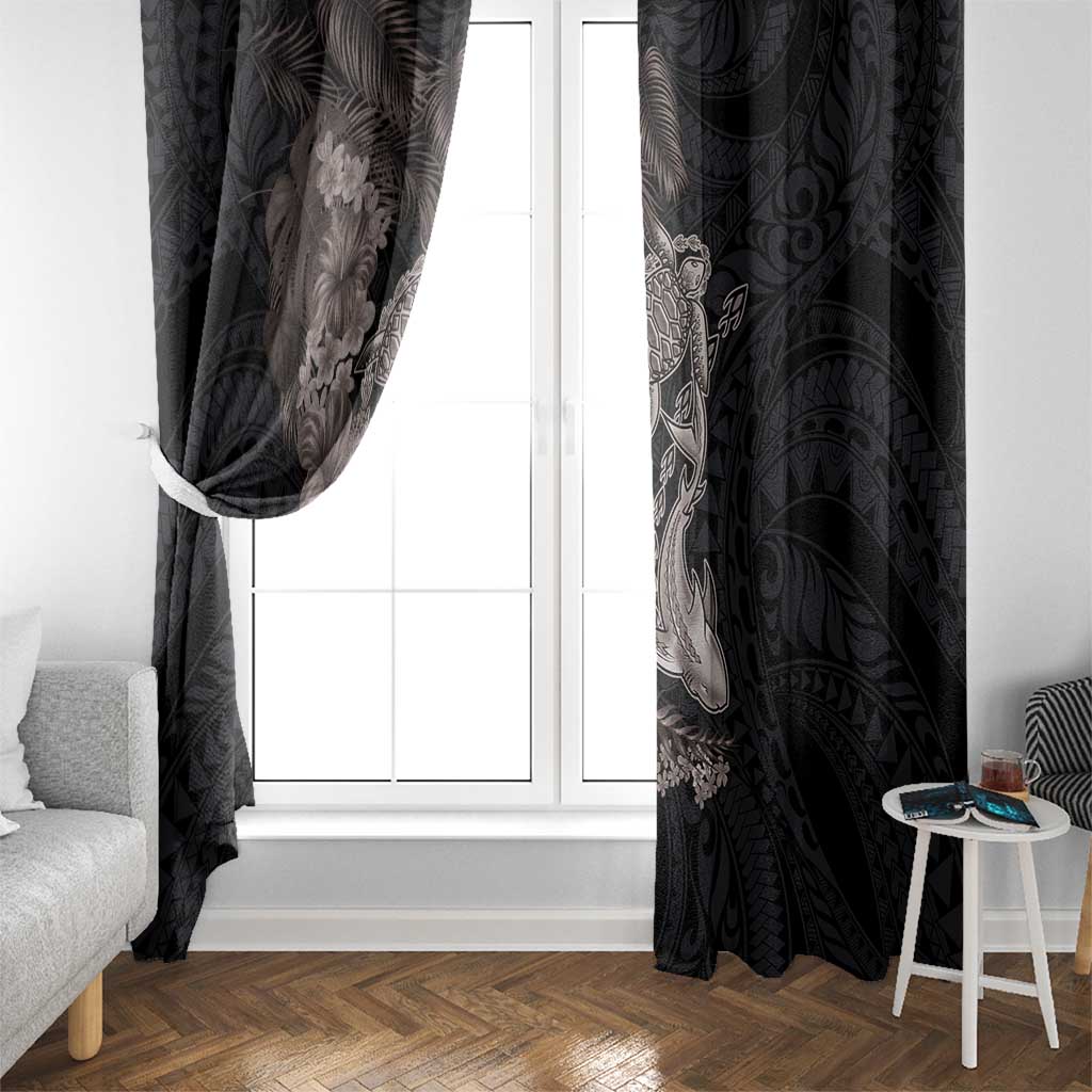 Hawaiian Tropical Plants Turtle and Shark Window Curtain Polynesian Art Tattoo Grayscale Color