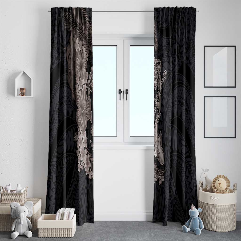 Hawaiian Tropical Plants Turtle and Shark Window Curtain Polynesian Art Tattoo Grayscale Color