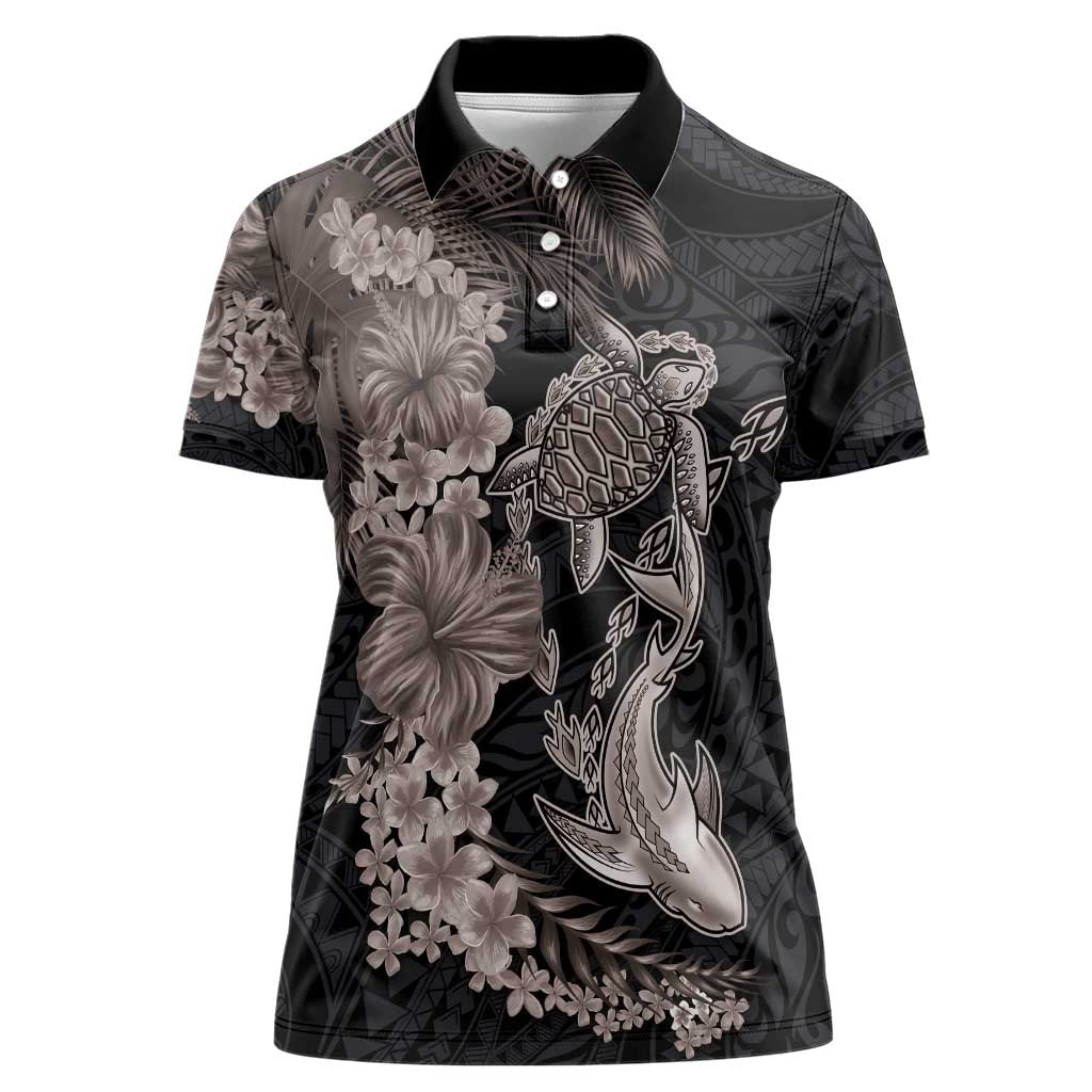 Hawaiian Tropical Plants Turtle and Shark Women Polo Shirt Polynesian Art Tattoo Grayscale Color LT03 Female Black - Polynesian Pride