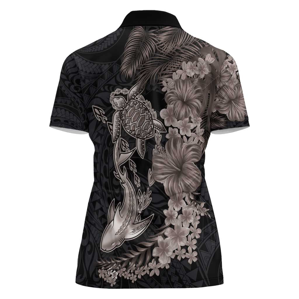 Hawaiian Tropical Plants Turtle and Shark Women Polo Shirt Polynesian Art Tattoo Grayscale Color LT03 - Polynesian Pride