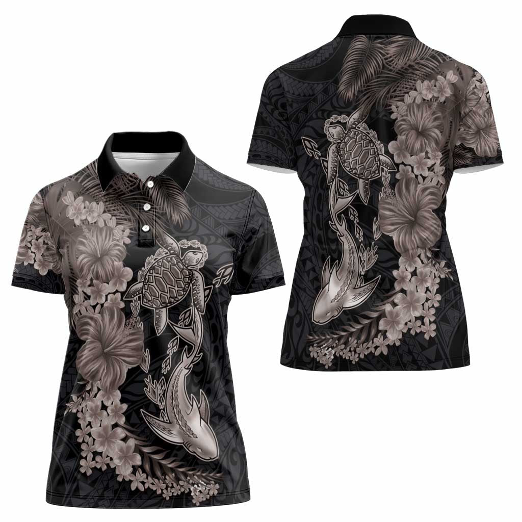 Hawaiian Tropical Plants Turtle and Shark Women Polo Shirt Polynesian Art Tattoo Grayscale Color LT03 - Polynesian Pride